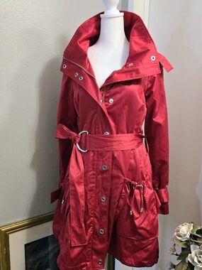 Bebe Deep Shiny Pink Belted Trench Coat Zip Up Button Front Pockets Size M